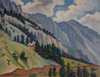 Parnassos with Firs, Simple — Oil painting, Canvas, 50.00×65.00cm — Theodoros Markellos